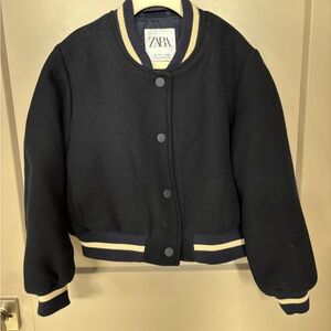Zara kids navy wool varsity bomber Jacket with Cream Trim - like new
